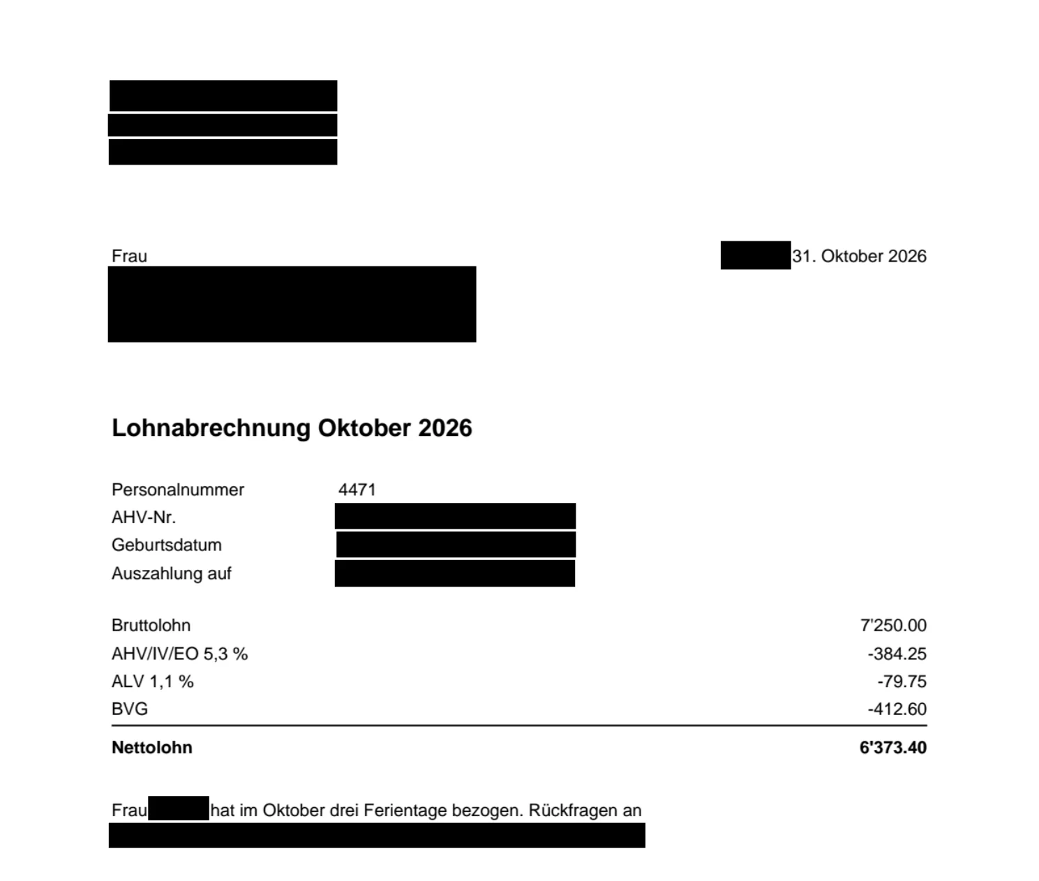 Dieselbe Lohnabrechnung nach PrivatePDF: Firmenname, UID, Name, Adresse, AHV-Nummer, Geburtsdatum, IBAN, E-Mail und Telefon sind geschwärzt, die Lohnbeträge bleiben lesbar.